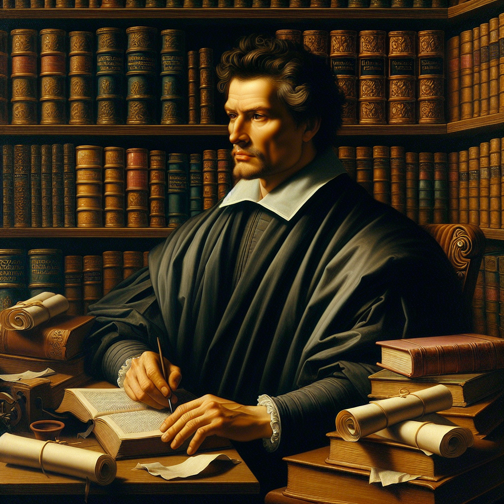 John Calvin studying theology in a historic library.