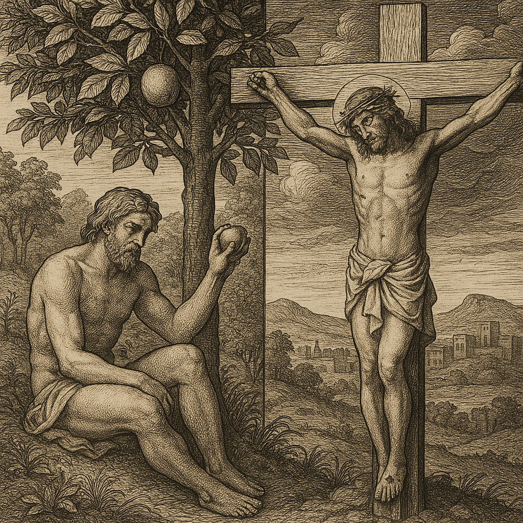 A theological illustration of federal headship, depicting Adam and Christ.