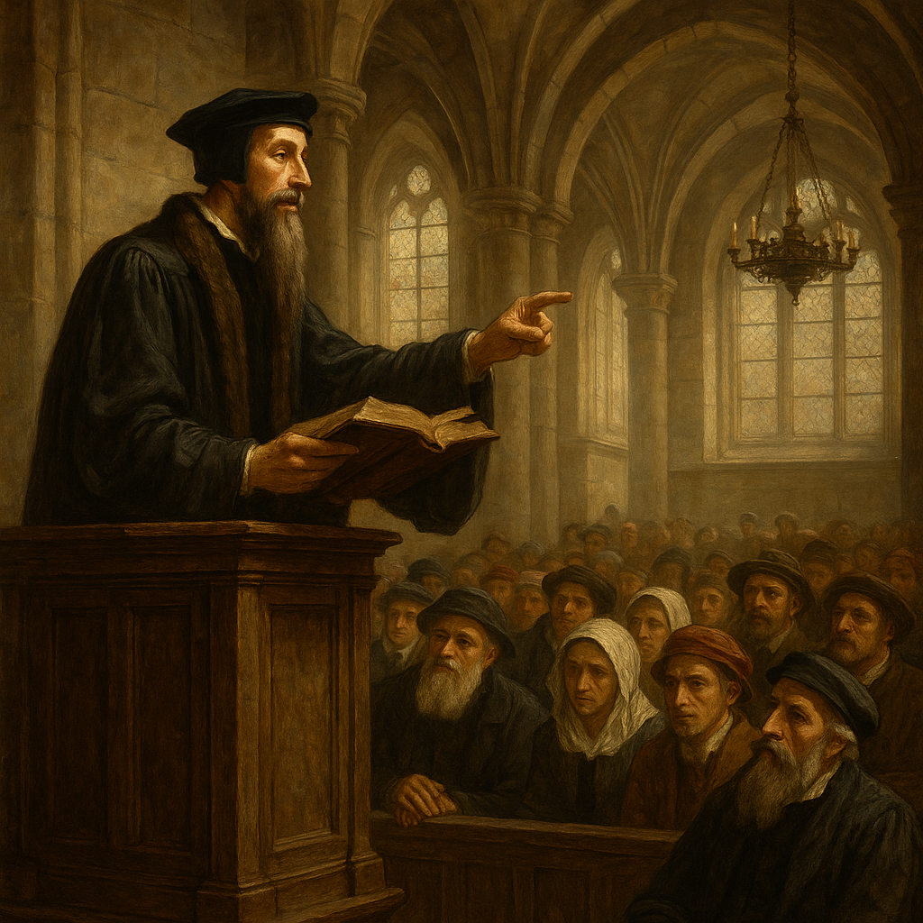 John Calvin preaching in the 16th century in Geneva.