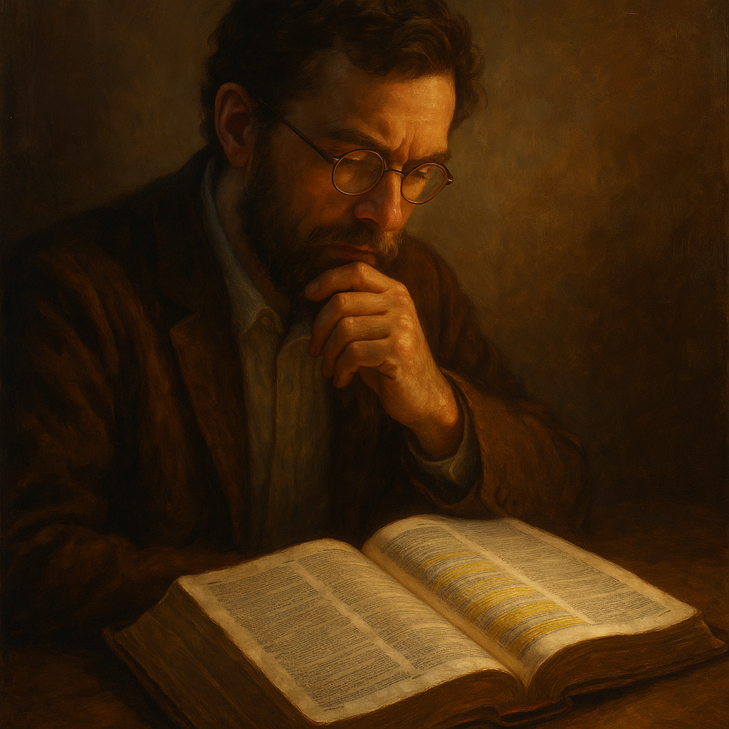 Scholar studying scriptures on Covenantal Hermeneutics