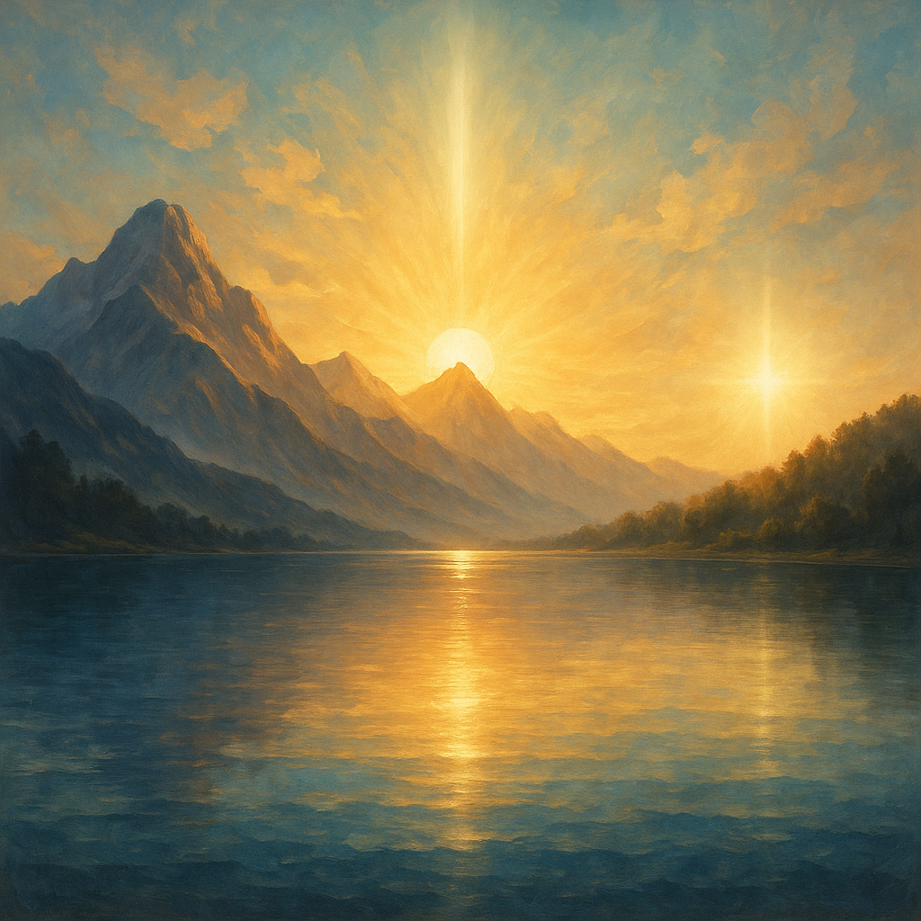 A serene landscape symbolizing God's attributes with mountains, sunrise, and light.
