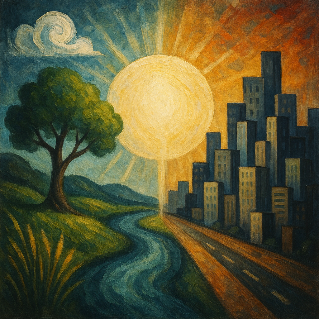 Abstract representation of God's independence; nature juxtaposed with urban life.