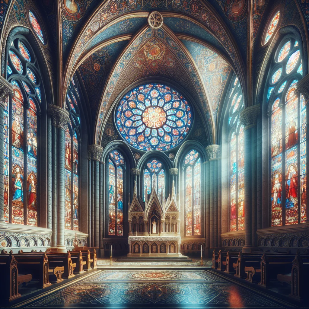 Stained glass windows in a church, representing total depravity and grace.