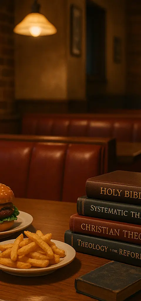 A burger joint setting with theological books on the table.