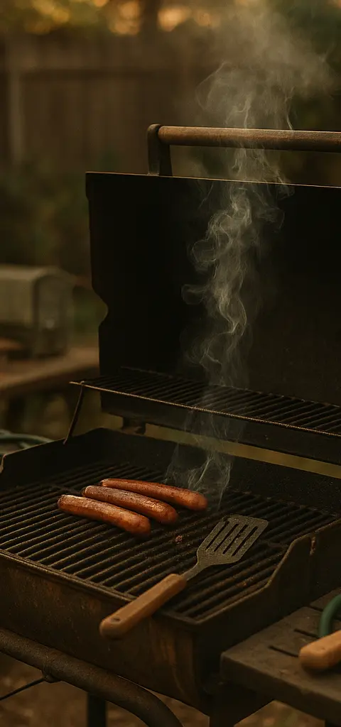 A backyard grill at dusk with smoke rising and neglected hot dogs on the grill.