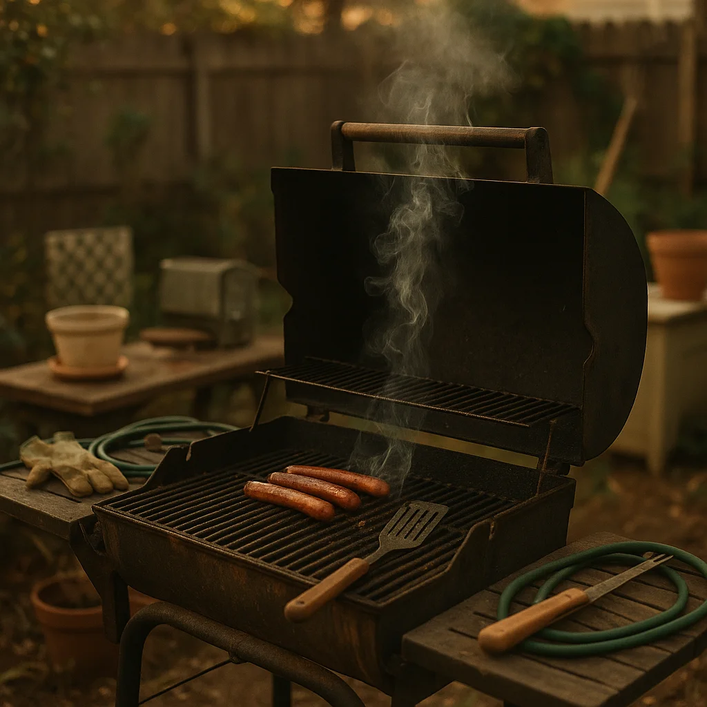 A backyard grill at dusk with smoke rising and neglected hot dogs on the grill.
