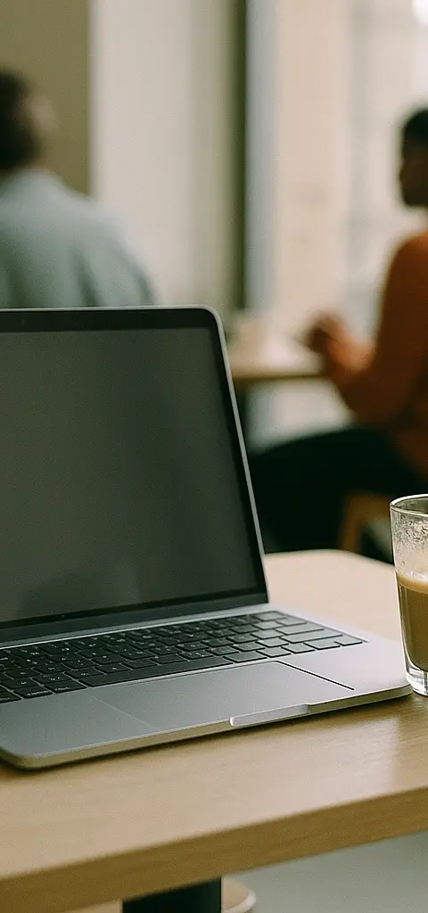 A laptop open on a café table beside a half-finished latte.