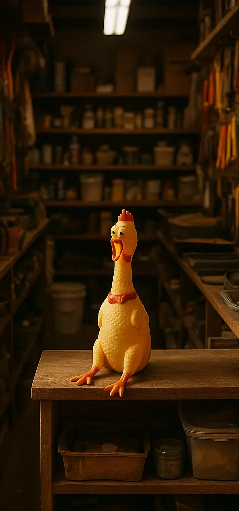 A cluttered hardware store aisle with tools and a rubber chicken.