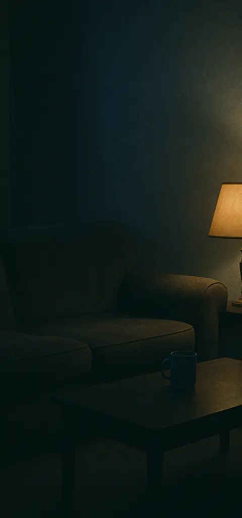A worn couch in a dimly lit living room with a coffee cup on a table.
