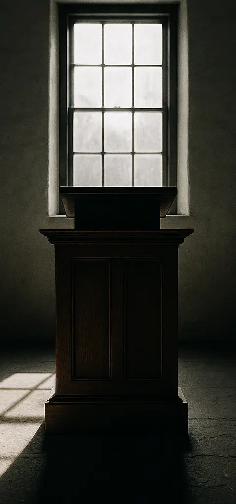 A plain wooden pulpit in a whitewashed meeting house illuminated by soft light.