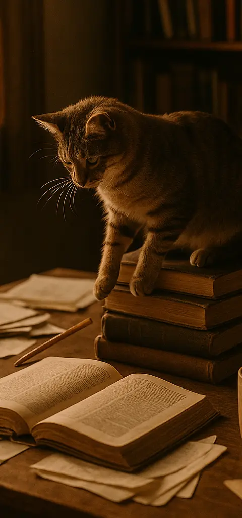 A cluttered study with an open book, scattered papers, a coffee mug, and a cat sitting on a stack of books.